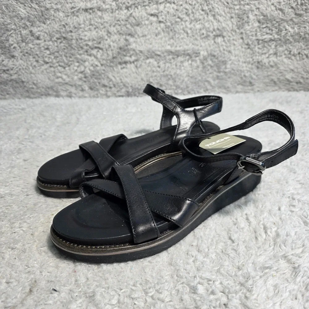 Tamaris Soft Black Leather Micro Wedge Sandals Womens EU‎ 37 US 6.5 Strappy NEW